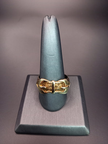 9ct Gold Solid Patterned Double Buckle Ring - 10.2G