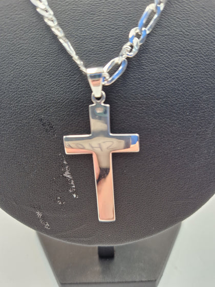 925 Sterling Silver 3 IN 1 Figaro Chain Necklace With Cross Pendant - 24