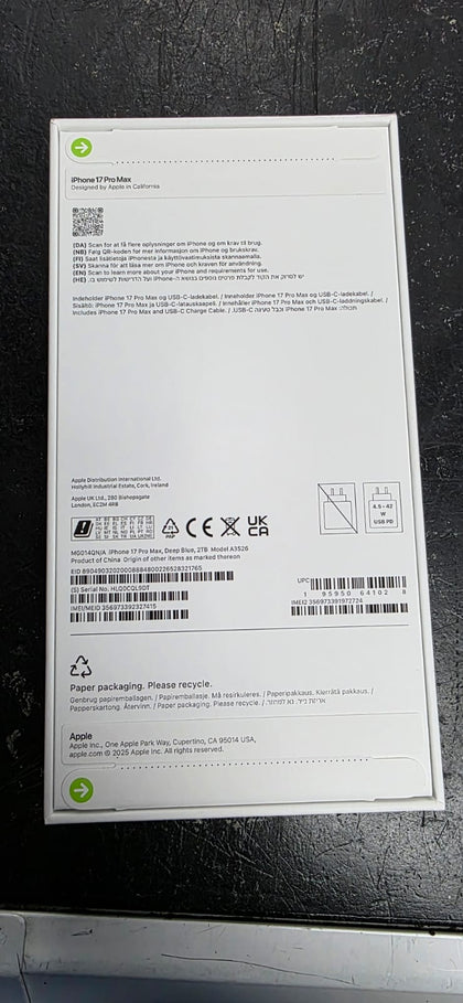 Apple iPhone 17 Pro Max (A3526) 2TB Deep Blue, Read Description