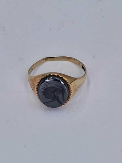 9ct Yellow Gold Hematite Intaglio Men's Signet Ring - Size Q - 2.50 Grams