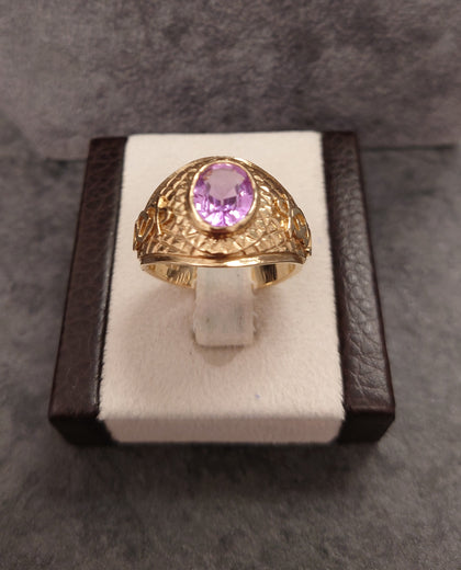 9ct Yellow Gold College Style Ring Bezel set with Purple Stone Size U
