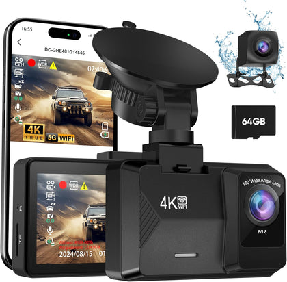 ORSKEY Dash Cam Front and Rear Built-in 5GHz WiFi, 4K+1080P Dual Dash Camera for Cars with 64GB SD Card, 2.0