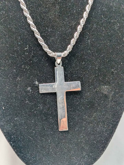 925 Sterling Silver Twist Rope Chain With Big Cross Pendant - 32.90 Grams - 24
