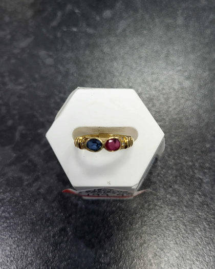 18ct Gold, Red and Blue Stone, Ring (Size I/J) 2.0g