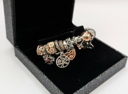 S925 HALLMARKED PANDORA SILVER, BANGLE WITH 13 CHARMS, 7