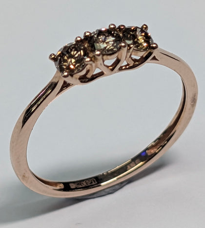 9ct Rose Gold/ Champaign Triple Diamond Ring - Size R