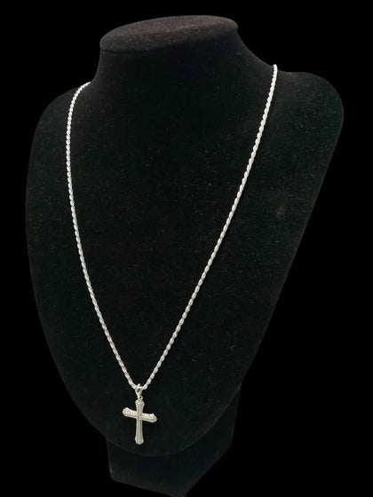 925 Sterling Silver Rope Chain Necklace With Diamontè Cross Pendant - 9.90 Grams - 24