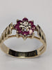 9ct gold diamond & red stone floral ring