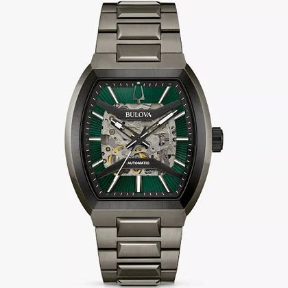 Bulova Maquina Men's Green  Automatic Skeleton Dial Curve Glass Stainless Steel Watch