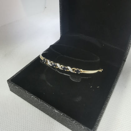 9K Stunning Gold Bangle, Diamonds & Blue Stones, 375 Hallmarked, 3.8Grams, Box Included, 2.5