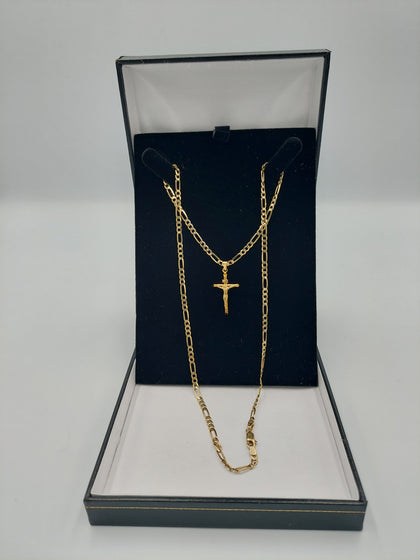 9K Gold Figaro Chain with Cross Pendant - Total Weight: 7.2G of 9K Gold - 375 Hallmarked and Stamped - 20
