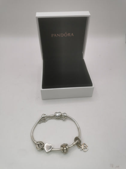 Pandora Bracelet with 4 Charms and Safety Chain pendant Hallmarked(ALE) Boxed