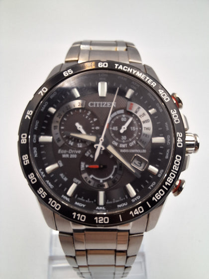 Citizen Eco-Drive Chronograph Stainless Steel Bracelet Watch with black face, with original box, spare links and papers