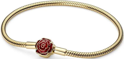 Pandora Gold Disney Beauty and The Beast Enchanted Rose Snake Chain with 2 charms 18cm