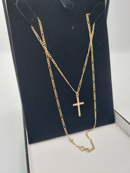 9K Gold Necklace 1.5G (375 Hallmarked), with 9K Cross Pendant 1.3G - Length: 19