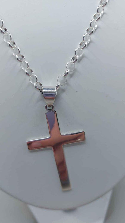 925 Sterling Silver Belcher Chain Necklace Wiith Cross Pendant - 24