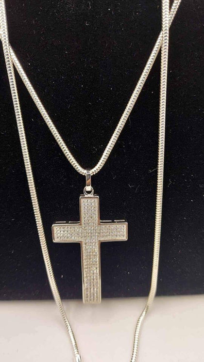 925 Sterling Silver Snake Chain Necklace With Cross Pendant - 24