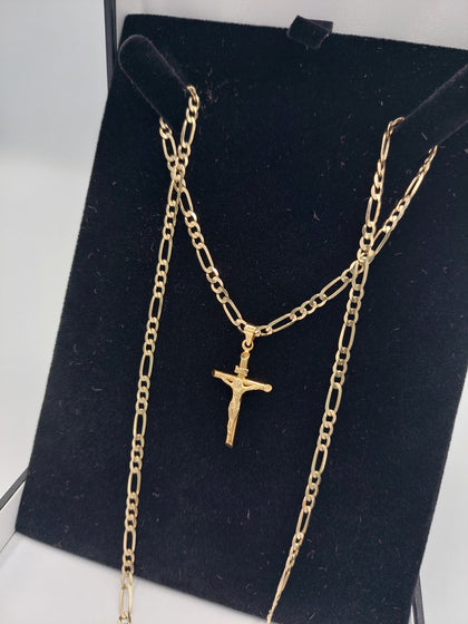 9K Gold Figaro Chain with Cross Pendant - Total Weight: 7.2G of 9K Gold - 375 Hallmarked and Stamped - 20
