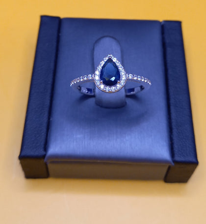Silver Dark Blue Tear Drop Ring Size-P
