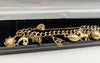 **SALE** 9CT HALLMARKED, YELLOW GOLD 8 9CT CHARMS & HEART SHAPED CLASP ON CRUBED CHAIN, 20.2G, 3-7"