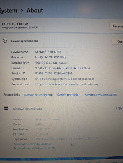ASUS VIVO BOOK SILVER LAPTOP Win 11, 4GB RAM