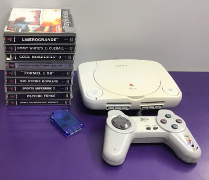 SONY PSone Console BUNDLE - White - inc. Third Party Controller, Memory Card & Cables ***inc.  9 GAMES INCLUDED***