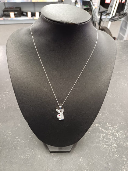 18ct White Gold Diamond Playboy Bunny Pendant and Chain 8.4g