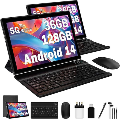 FLYCOAY Tablet 10 Inch Android 14, 5G WIFI 6, 36GB RAM+128GB ROM (TF 1TB), Widevine L1, 8000mAh, Dual Camera, BT5.0,Type C, Tablet with Keyboard, Mous