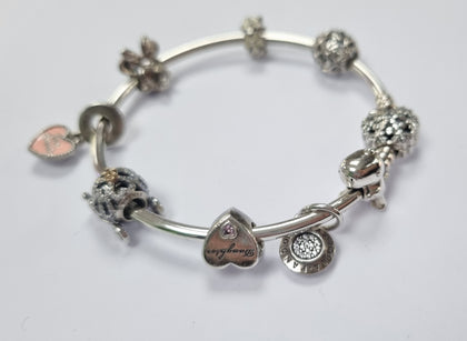 Pandora Moments Sparkling Snowflake Clasp Bangle + 8 Charms