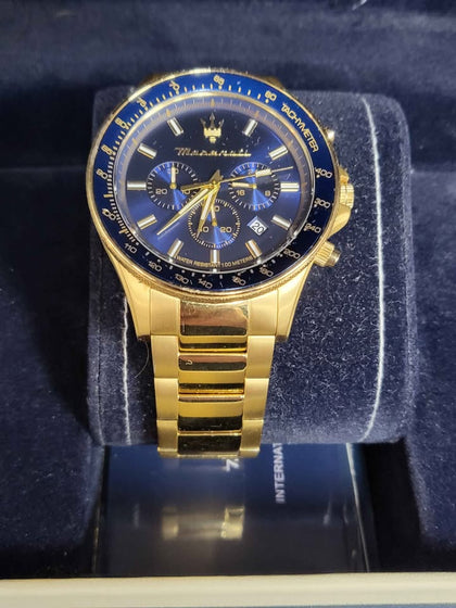 Maserati Mens Watch Sfida Blue dial / brushed Gold
