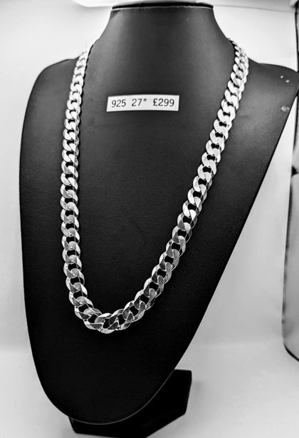 925 SILVER HALLMARK, HEAVY CURBED CHAIN W/ LOBSTER LOCK, 28