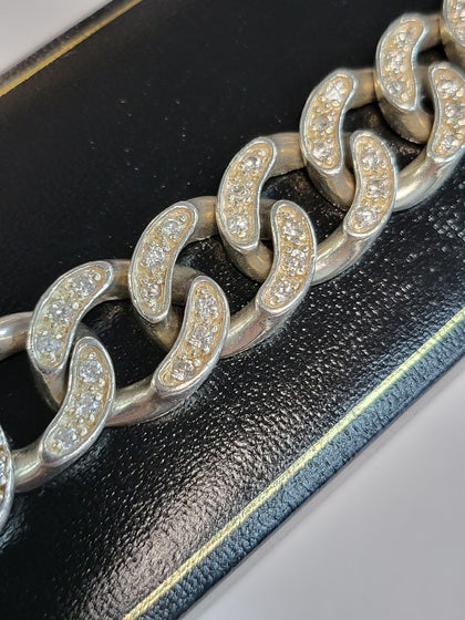 925 Silver Curb Link Bracelet with Clear Stones - approx. 9