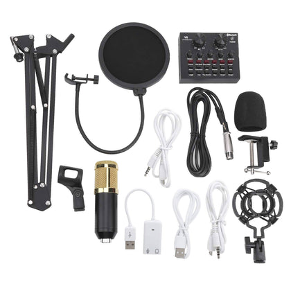 V8 Sound Card with Condenser Microphone, BM800 Condenser Microphone Studio Recording Kits Adjustable Stand for Sound Card Live Audio Mixer Portable  *