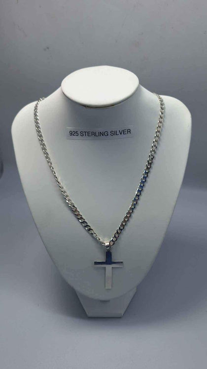 925 Sterling Silver Curb Chain Necklace With Cross Pendant - 32.11 Grams - 24