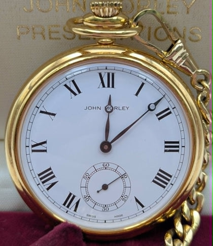 John Morley Pocket Watch on Gold Plated  Curbed Styled Chain, Boxed