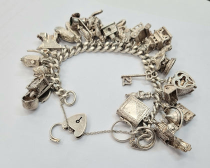 Vintage Silver Charm Bracelet + 30 Charms