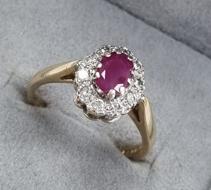 9ct gold Ruby Flower Diamond Ring Size N1/2