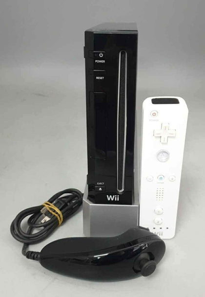 Wii Console, Black (No Game), unboxed with leads and controller.