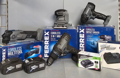 Ferrex Tool Bundle Drill / Impact / Sander / Multi-tool / 3 Batteries & charger