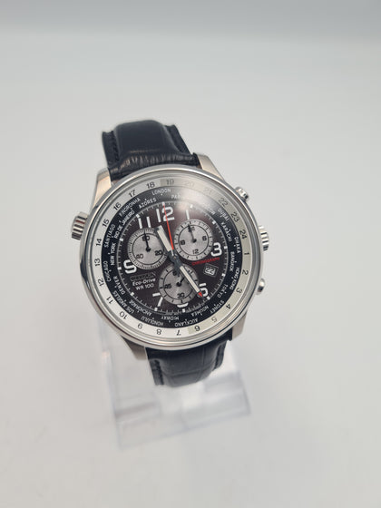 Citizen eco-drive (solar) Chronograph Men's stainless steel watch with black leather Strap BOXED