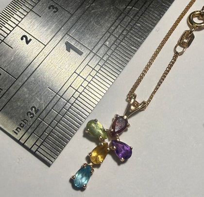 9CT Gold Chain and Cross Pendant with Multicoloured Stones 18”