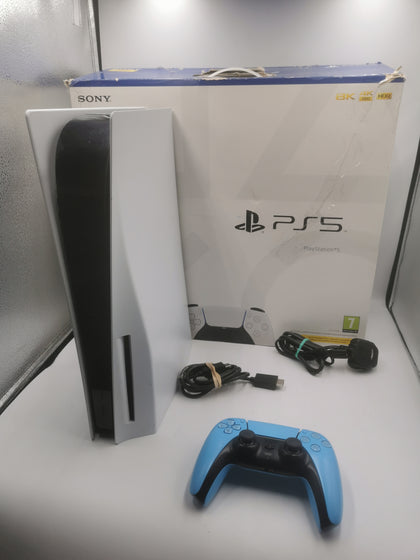 Playstation 5 Console, 825GB, White with 1 blue controller and wires  Discounted