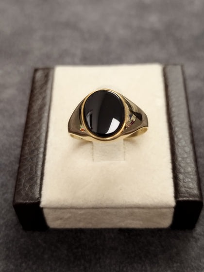 9ct Yellow Gold Oval Black Stone Gents Signet Ring - Size Q
