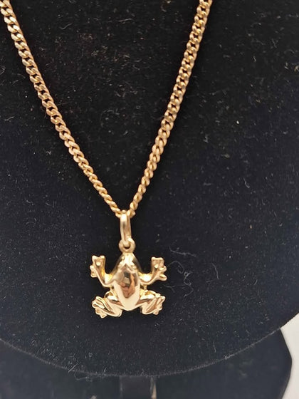 9ct Yellow Gold Thin Curb Chain Necklace With Frog Pendant - 22
