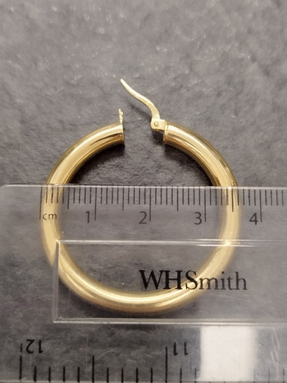 9ct Yellow Gold Round Tube Plain Design Hoop Earrings - 36mm -