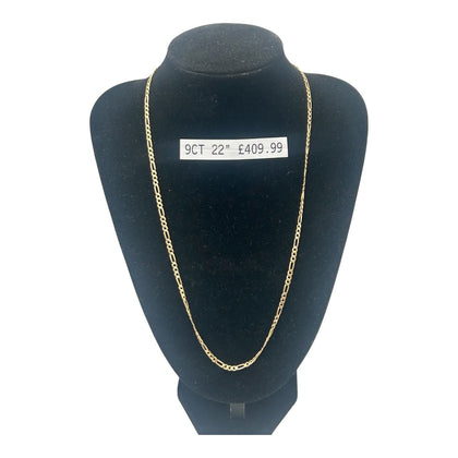 9CT Yellow Gold, 375 Fully Hallmarked Figaro Chain, 22'', 7.4g, Boxed