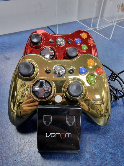 X360 Official Two Wireless Pads Chrome Red + Chrome Gold + venom charger with cable and battery packs