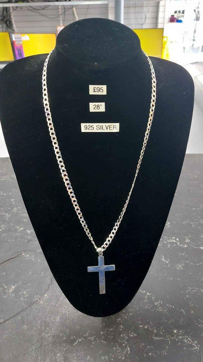 New silver chain with cross ,28inch in length, weight of chain 26.28, weight of cross 5.75g.