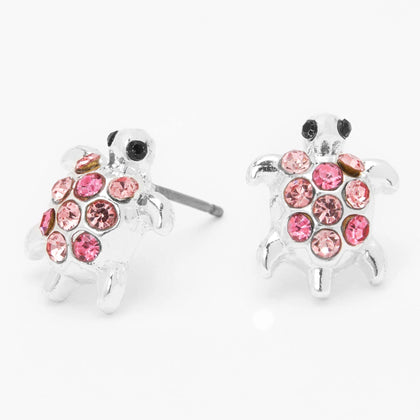 Claire's Silver-Tone Embellished Turtle Stud Earrings | Pink