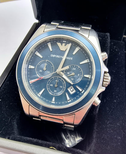 emporio armani ar6091 blue dial stainless steel chonograph men's watch